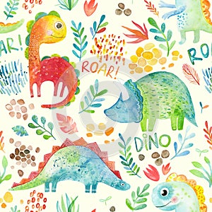 Hand drawn seamless pattern with dinosaurs and floral elements. Cute watercolor illustration design.