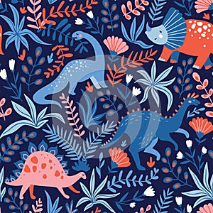 Hand drawn seamless pattern with dinosaurs and tropical leaves and flowers. Perfect for kids fabric, textile, nursery wallpaper.