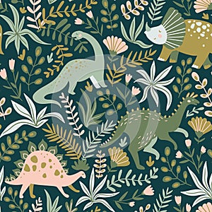 Hand drawn seamless pattern with dinosaurs and tropical leaves and flowers. Vector illustration.