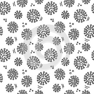 Hand drawn seamless pattern doodle Coronavirus  isolated on white background. Global epidemic of 2019-nCov.