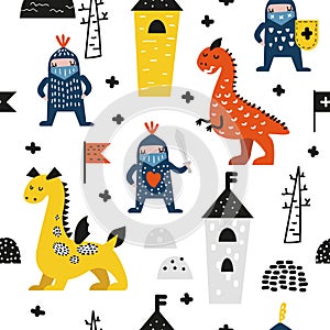 Hand Drawn Seamless Pattern with Dragons and Knights. Creative Childish Background with Cute Hero Boys for Fabric