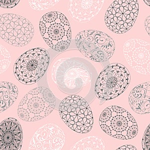 Hand drawn seamless pattern of Easter eggs with patterns, mandala, flowers, leaves. Ornate doodle sketch pink illustration at