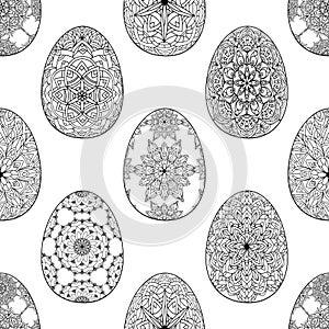 Hand drawn seamless pattern of Easter eggs with patterns, mandala, flowers, leaves on white background. Ornate outline