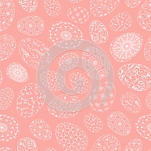 Hand drawn seamless pattern eggs with floral patterns, mandala, curls, flowers, leaves, plants, geometric. Ornate illustration at