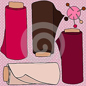 Hand drawn seamless pattern with fabric rolls pin cushion sewing crafts dressmaking items. Pink brown beige polka dot
