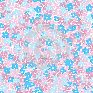 Hand-drawn seamless pattern with floral print. Simple blue and pink flowers on white background.