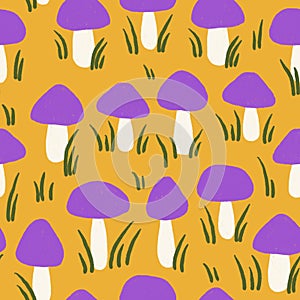 Hand drawn seamless pattern with forest mushroom fungi in pirple yellow leaves on yellow background. Toadstool toxic photo