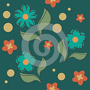 Hand-drawn seamless pattern with forget-me-not flowers on dark green background