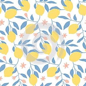 Hand drawn seamless pattern with fresh lemons, leaves and flowers.