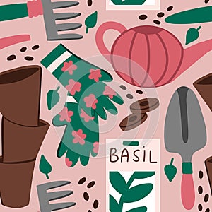 Hand drawn seamless pattern with garden gardening tools gloves shovel rake seeds in pink green beige. Spring nature