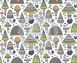 Hand drawn seamless pattern with geometric ornamental mushroom and toadstools. Vector illustration.
