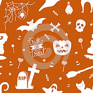 Hand drawn seamless pattern for halloween with pumpkin, candy, ghost, spider, bat, witch hat, cat, skull, bones.