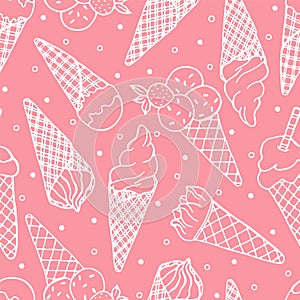 Hand drawn seamless pattern of ice cream horn, waffle cone, powder, chocolate, strawberry on a pink background. Sweet Illustration