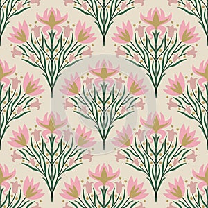 Hand drawn seamless pattern illustration pink carnation flower and green leaves. Orange blush floral blossom bloom in