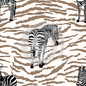 Hand drawn seamless pattern illustration with safari animals on zebra print background . Cute african zebra. Wild animal texture d