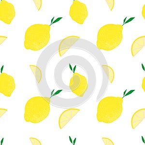 Hand drawn seamless pattern with juice lemon and slice of lime on white background. Summer pattern with fruits. Vector