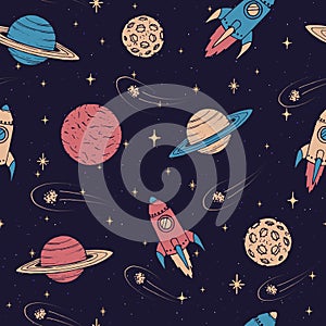 Hand drawn seamless pattern with Jupiter, Mars, Saturn, Neptune planets, moon and flying rockets