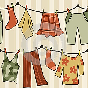 Hand drawn seamless pattern with laundry clothesline hanging clothes. Dress pants socks on string line drying dry summer