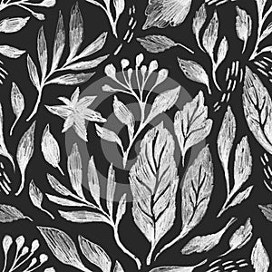 Hand drawn seamless pattern with leaves and branches