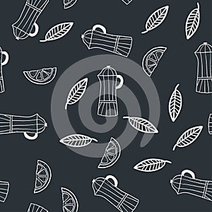 Hand Drawn Seamless Pattern with lemon slices, leaves and coffee makers