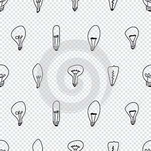 Hand drawn seamless pattern of Light Bulbs. Different loft lamps in doodle style. Idea lightbulb sign symbol pattern. Vector
