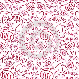 Hand drawn seamless pattern with a lipstick kiss prints on white background.
