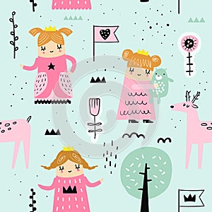 Hand Drawn Seamless Pattern with Little Princess. Creative Childish Background with Cute Girls and Animals for Fabric