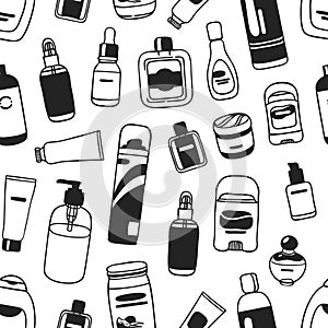 Hand drawn seamless pattern with male cosmetics. Vector illustration. Actual background with beauty products. Original doodle sty