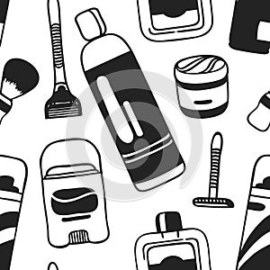 Hand drawn seamless pattern with male cosmetics. Vector illustration. Actual background with beauty products. Original doodle sty