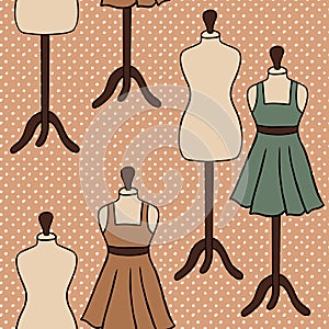 Hand drawn seamless pattern with mannequin dress clothes sewing crafts dressmaking items. Sage green brown beige polka