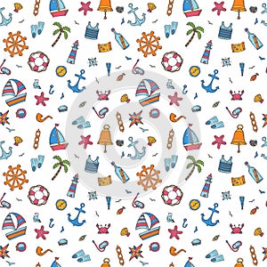 Hand drawn seamless pattern of marine symbols. Cartoon marine icons. Nautical concept