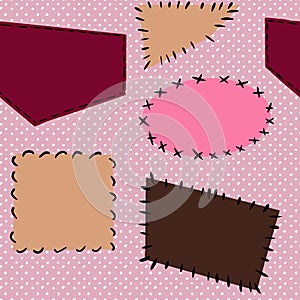 Hand drawn seamless pattern with mending sewing crafts dressmaking items. Pink brown beige polka dot background, tailor
