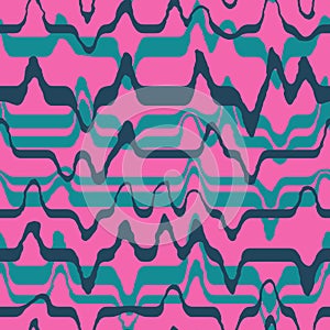 Hand drawn seamless pattern with minimalist lines waves curves, stripes striped abstract geometric design. Pink tean