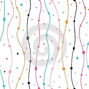 Hand drawn Seamless pattern with multicolored wavy lines and dots