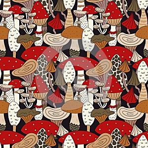 Hand drawn seamless pattern of mushroom and toadstools. Vector illustration.