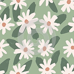 Hand drawn seamless pattern with muted pastel daisy flowers, neutral beige sage green floral design. Boho bohemian