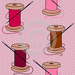 Hand drawn seamless pattern with needle thread sewing crafts dressmaking items. Pink brown beige polka dot background