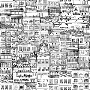 Hand drawn seamless pattern of Nepalese houses