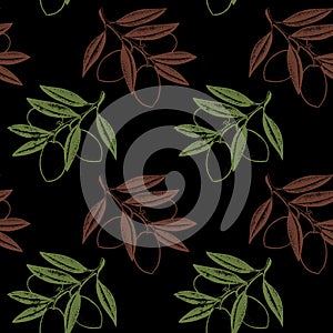 Hand drawn seamless pattern. Olive branches and fruits for Italian, Greek cuisine design, extra virgin oil food or cosmetic