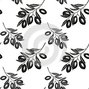 Hand drawn seamless pattern. Olive branches and fruits for Italian, Greek cuisine design, extra virgin oil food or cosmetic