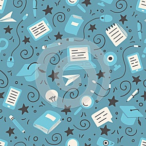 Hand drawn seamless pattern of online education elements. Vector.