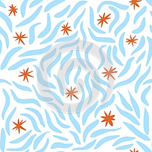Hand drawn seamless pattern with orange star snowflake blue wavy curve lines on white background. Abstract geometric