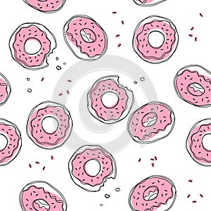 Hand drawn seamless pattern with pink donut with sprinkles isolated on white background