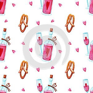 Pattern of rose wine in bottle, glass and pretzel