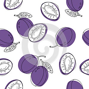 Hand drawn seamless pattern with purpure plums. Vector illustration. Good for background, wallpaper, textile, wrap and etc.