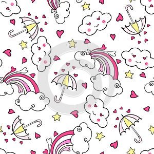 Hand drawn seamless pattern with rainbow, clouds, umbrella and hearts.