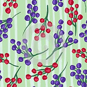 Hand drawn seamless pattern with red black currants berries on green stripes background. Summer berry food on striped