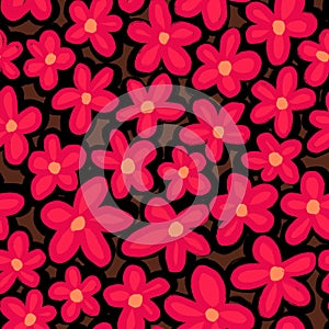 Hand drawn seamless pattern with retro 60s red daisy flowers on dark brown background. Simple minimalist floral print in