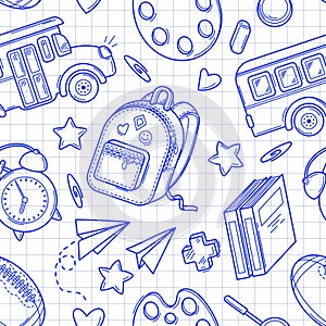 Hand drawn seamless pattern with school bus, supplies and creative elements in doodle style on a white checkered