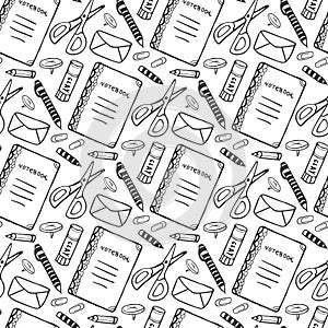 Hand drawn seamless pattern with school stationery tools. Vector black and white background in doodle style. School tools